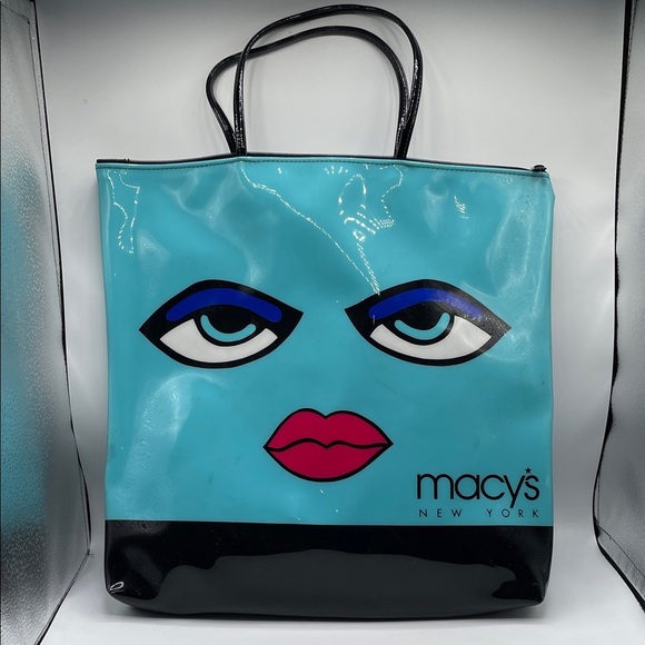Macy's Artistic Vintage Blue and Black Zip top Tote Bag - Picture 1 of 10